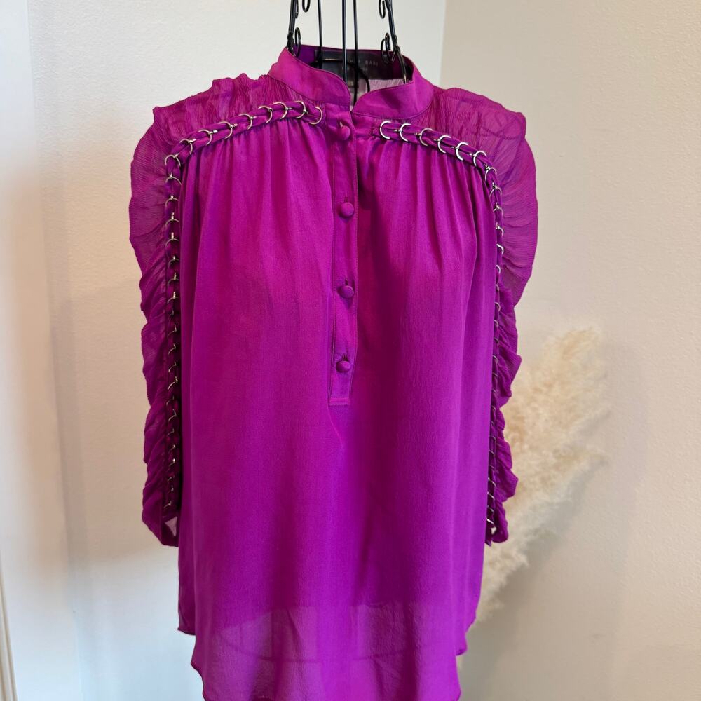 Sachin & Babi Silk Mock Neck Purple Sheer Ruched Sleeve Blouse Small
